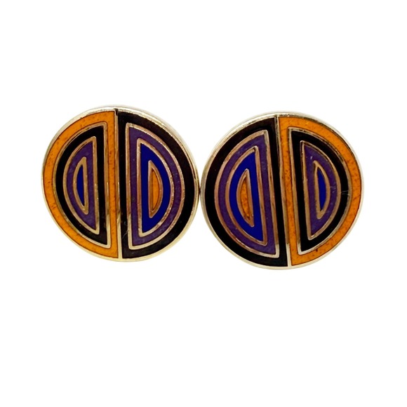 Art Deco Cufflinks Gold Orange Blue Set of‎ 2 - Picture 2 of 9